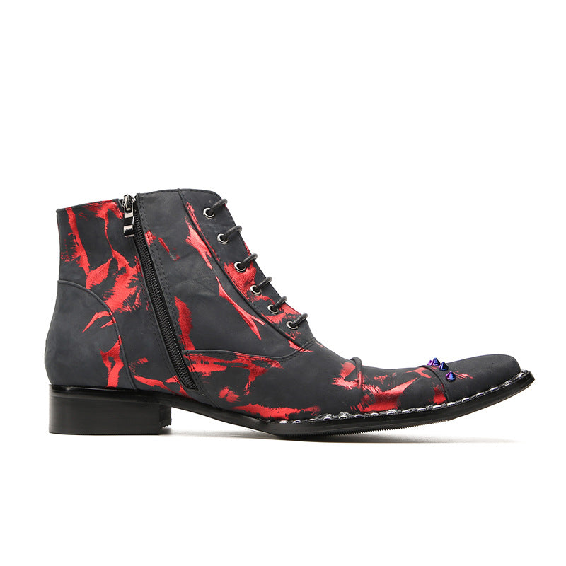 Men's leather thick-soled casual Martin boots lace-up British inner heightening business pointed-toe short boots plus velvet high-top leather shoes