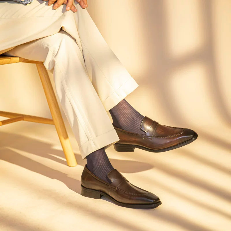 Men's Brown Genuine Leather Loafers, Breathable, Square Toe