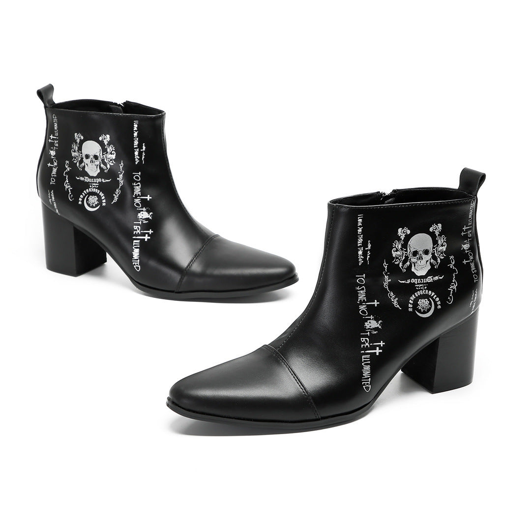 Foreign trade riding boots cowhide short boots men's Roman heightening leather boots printed trendy shoes black Roman fashion men's boots personality
