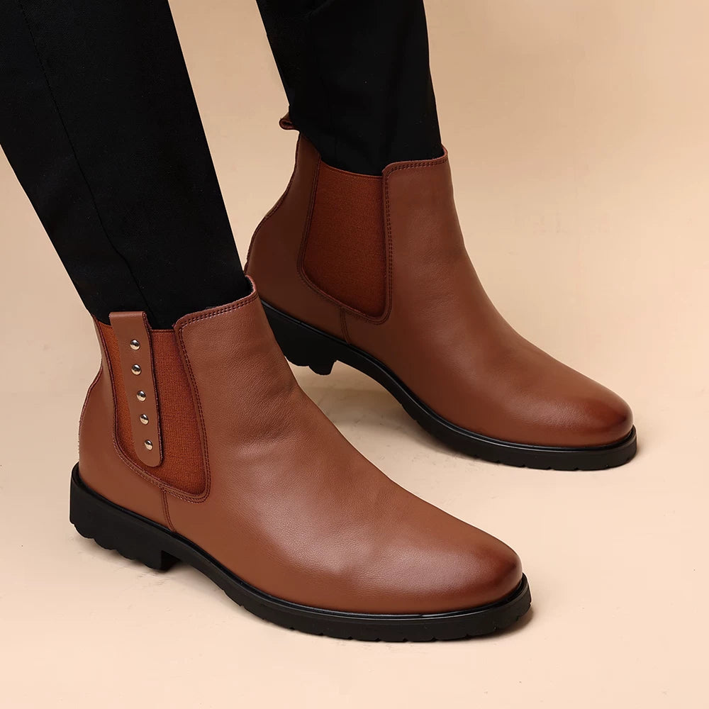 Men's Genuine Leather Martin Boots, Height Increasing, Pointed Toe