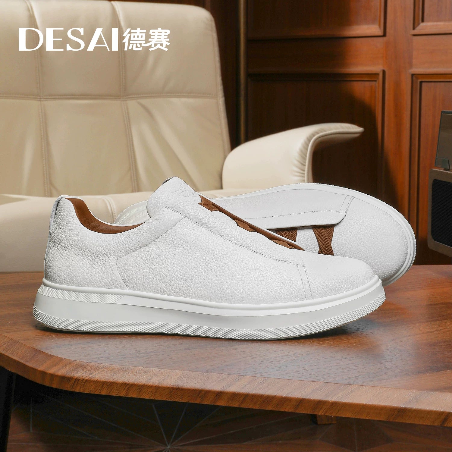 Men's Genuine Leather Skate Shoes, Breathable, Slip-On