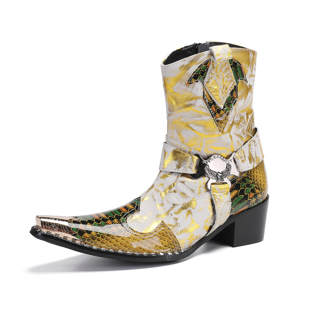 New Chelsea European and American high street catwalk personality Martin classic mid-tube cowboy trendy men buckle high-heeled cowhide boots