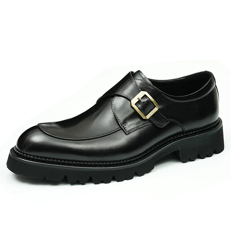 Men's Brown Genuine Leather Wedding Shoes, Thick Sole, Pointed Toe
