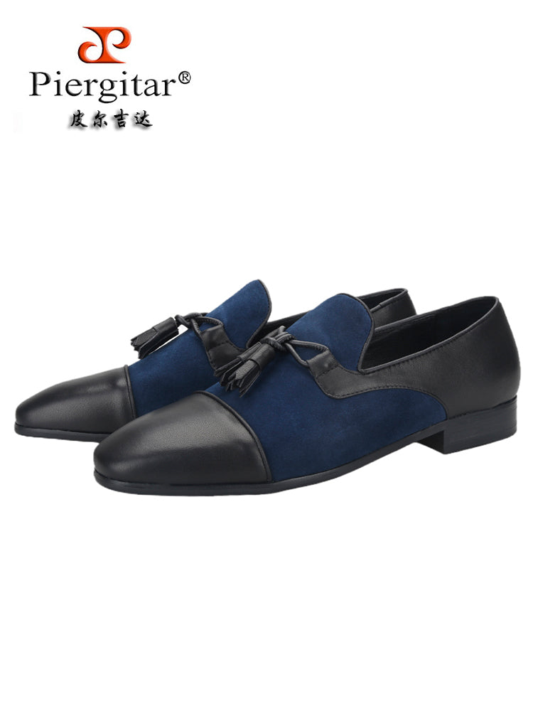 Italian design dark blue nubuck leather stitching black cowhide men's loafers handmade tassel smoking shoes