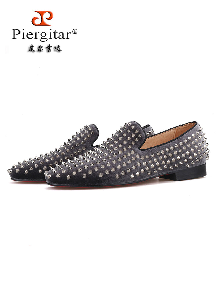 New imported velvet gray men's rivet shoes red bottom trendy low-top shoes European and American slip-on loafers for men