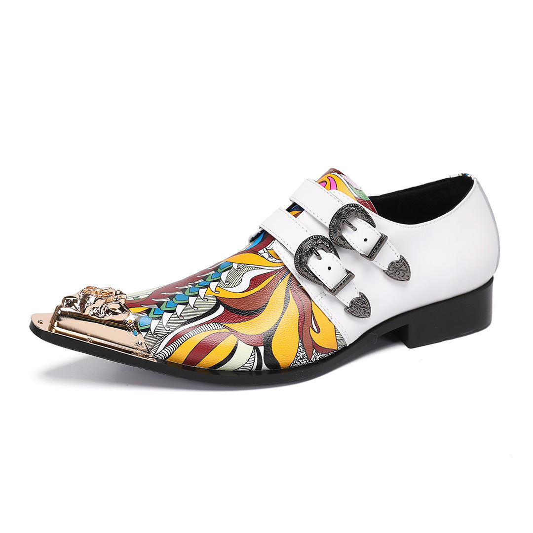 British leather shoes spring men's color matching white brown cowhide business casual single shoes Brock engraved retro formal men's shoes