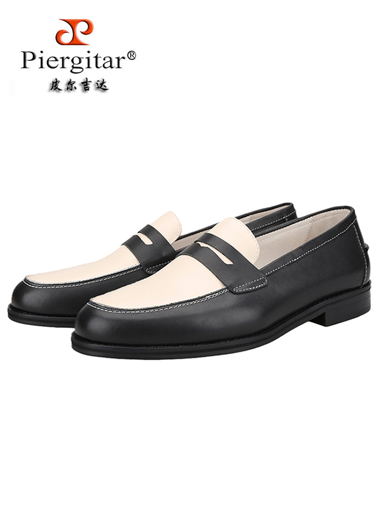 British style handmade custom-made men's casual leather shoes with one foot, black and white splicing cowhide classic penny loafers for men