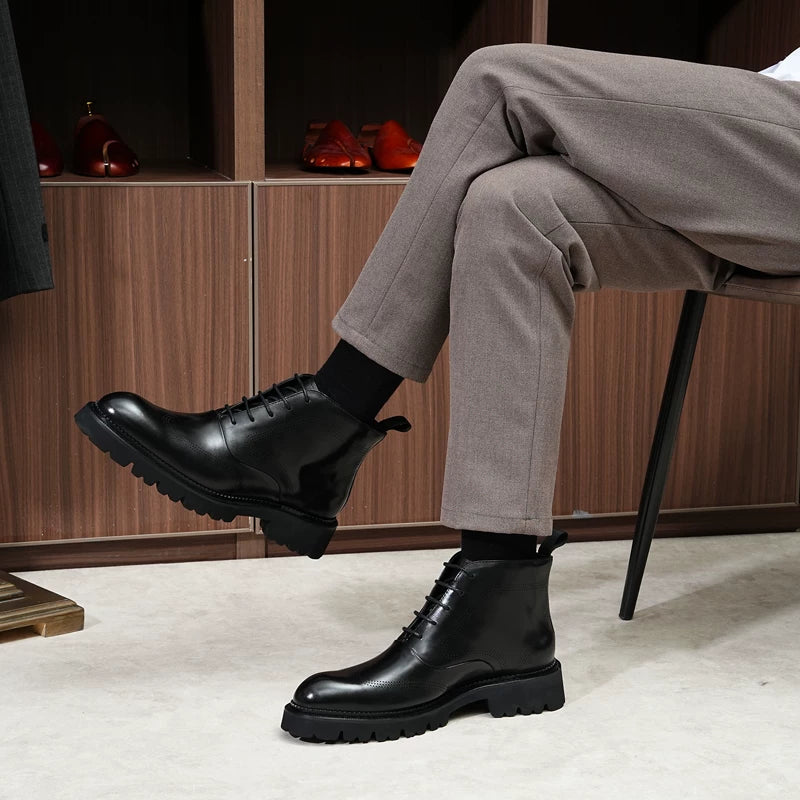 Men's Genuine Leather Martin Boots, Height Increasing, Thick Sole