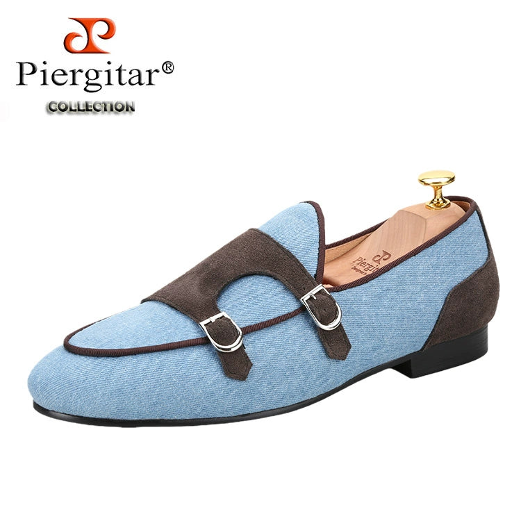 Washed denim cloth splicing frosted leather double Munch shoes handmade custom one-pedal Belgian loafers men