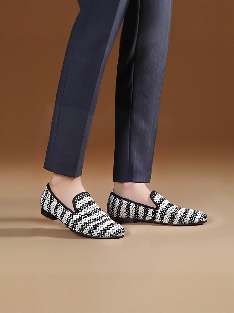 Black and gray striped print men's slip-on loafers European and American trendy red navy lined handmade smoking shoes