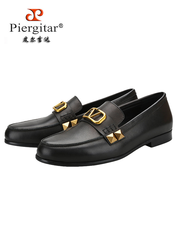 British style classic big-toe derby shoes for men, bronze rivets, metal buckles, luxury trendy slip-on men's casual leather shoes