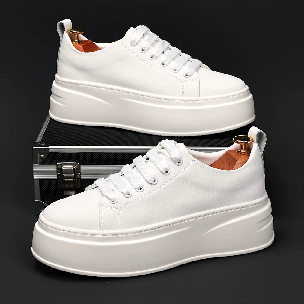 Men's White Skate Shoes, Height Increasing, Thick Sole