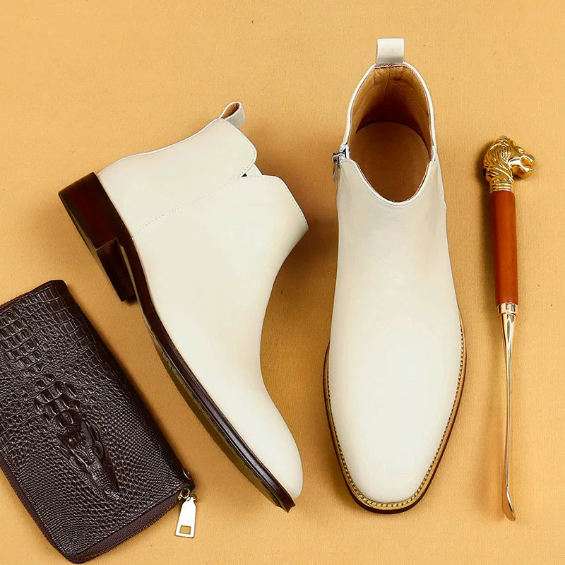 Men's White Genuine Leather Martin Boots, British Style, Business