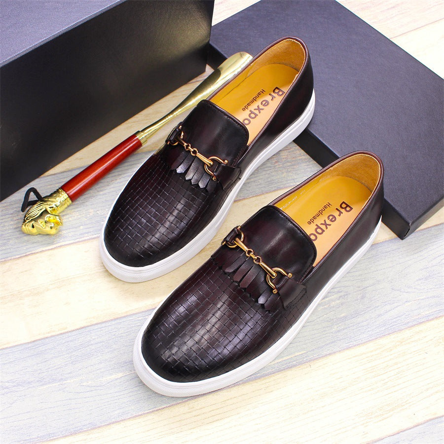 Leather Shoes Men's Leather Casual round Toe Pumps Flat Heel Woven Pattern Handmade Men's Shoes Fashion European and American Style Loafers Men