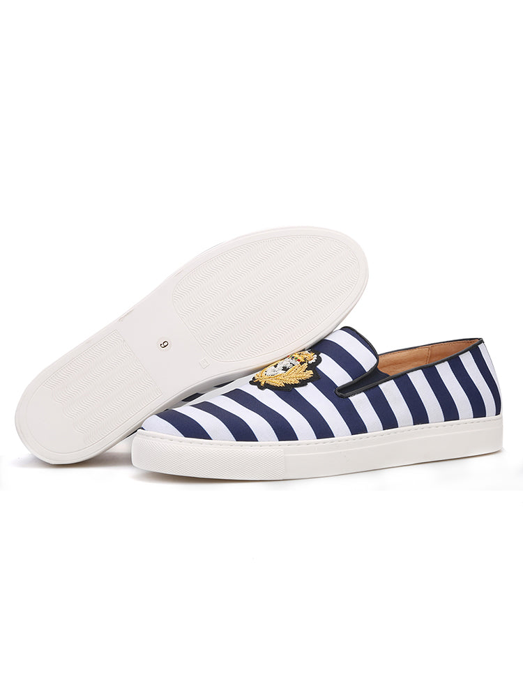 British navy style blue and white canvas slip-on loafers imported handmade Indian silk white thick-soled shoes for men