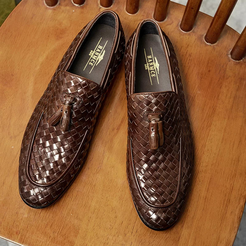 Men's Genuine Leather Loafers, Slip-On, Woven