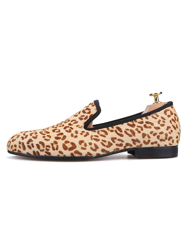Summer imported leopard print horse hair handmade men's shoes European and American banquet party loafers large size men's shoes