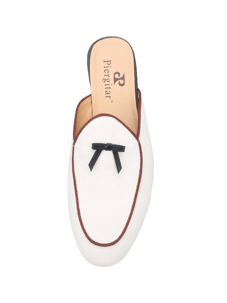 Piergitar's new white canvas small bow tie men's trendy slippers handmade European and American style slip-on loafers