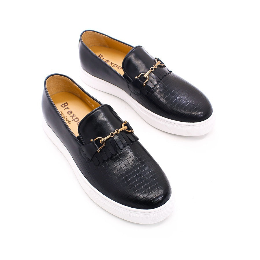 Leather Shoes Men's Leather Casual round Toe Pumps Flat Heel Woven Pattern Handmade Men's Shoes Fashion European and American Style Loafers Men