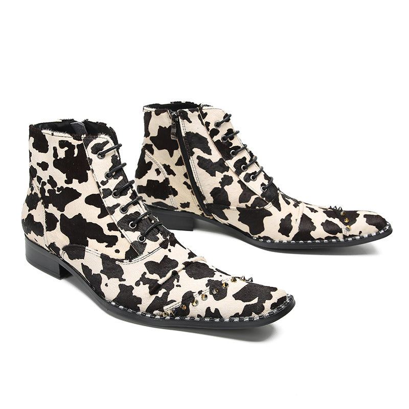 2023 European and American new style pointed toe retro mid-calf snake print boots mid-heel color-blocked western cowboy boots high-heeled embroidered boots for men