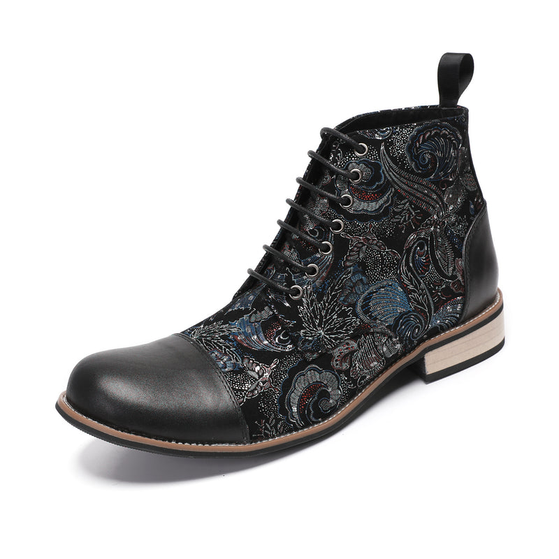 Men's Black Boots, Embroidered, Retro