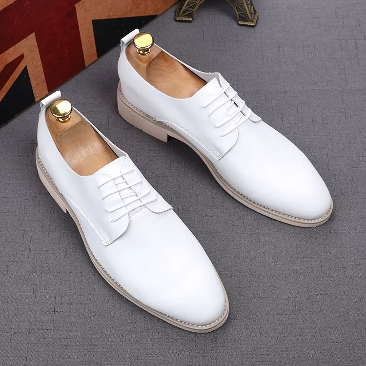 Men's White Genuine Leather Wedding Shoes, Height Increasing, Soft Sole