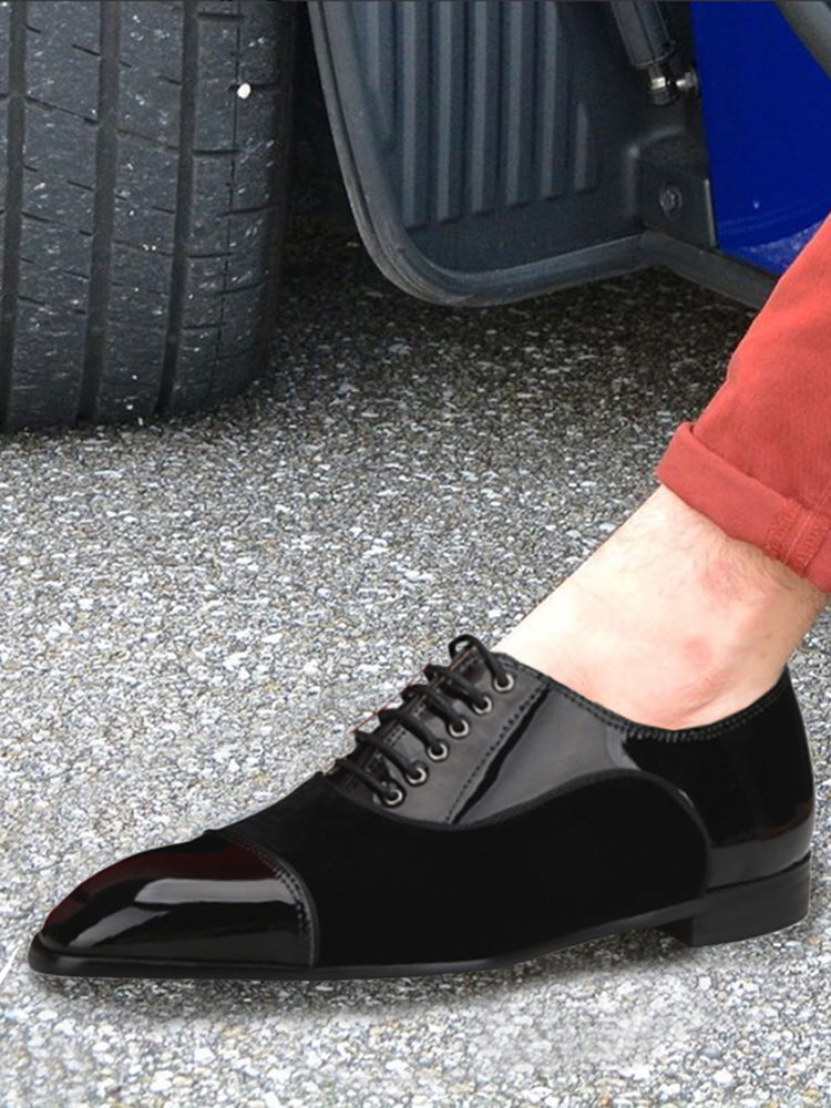 Pilgida patent leather velvet splicing men's lace-up formal shoes are exported to Europe and the United States wedding parties red-soled derby shoes