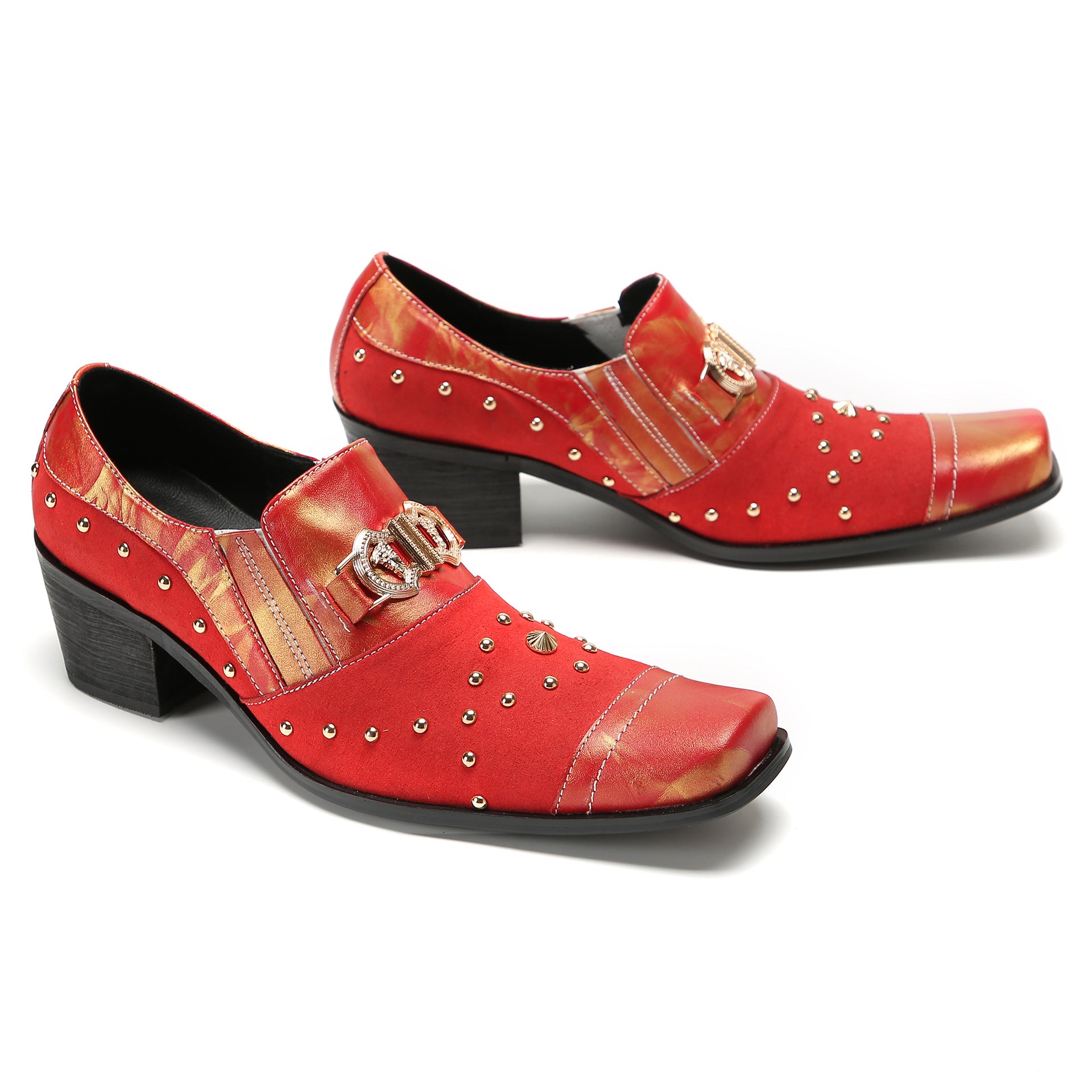 Leather shoes men's square toe cowhide 46 large size business British formal casual men's red inner heightening wedding groom's shoes
