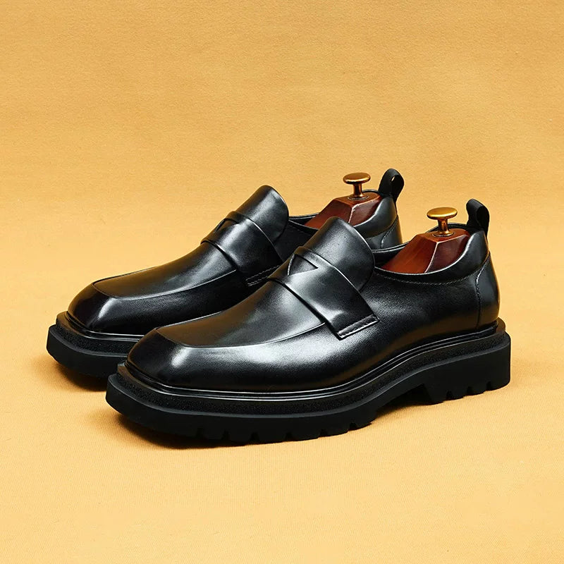 Men's Brown Genuine Leather Loafers, Height Increasing, Thick Sole