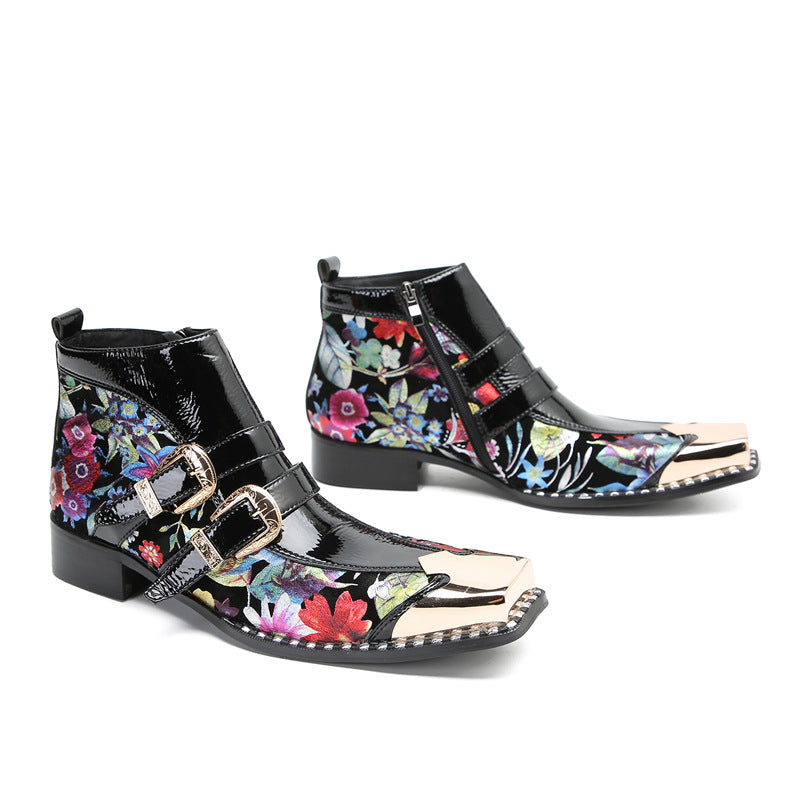 Printed new handmade shoes brand British thick-soled Chelsea boots men's trendy cowhide Martin boots square toe high-top short boots