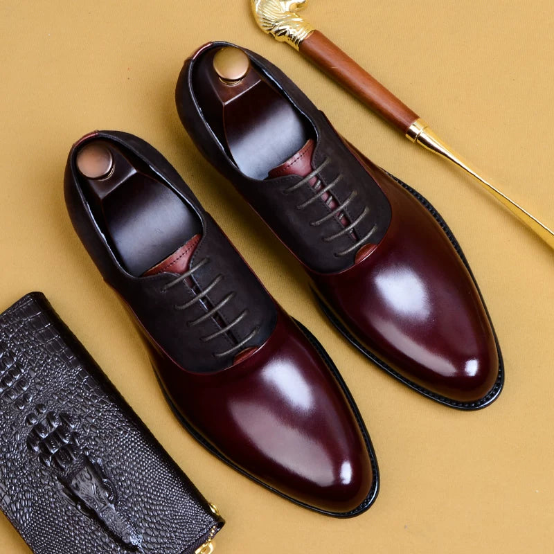 Men's Red Genuine Leather Oxford Shoes, Pointed Toe, British Style