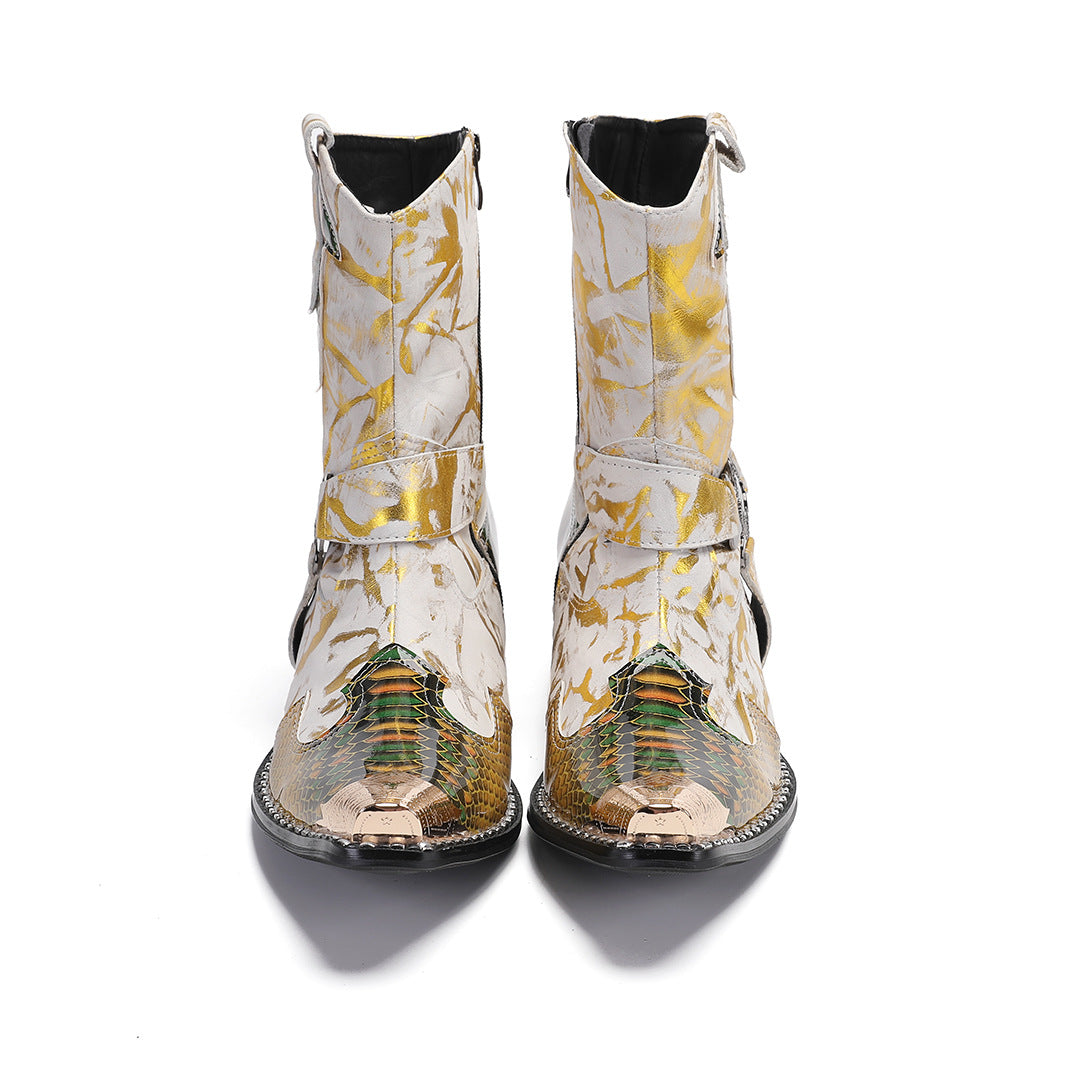 New Chelsea European and American high street catwalk personality Martin classic mid-tube cowboy trendy men buckle high-heeled cowhide boots