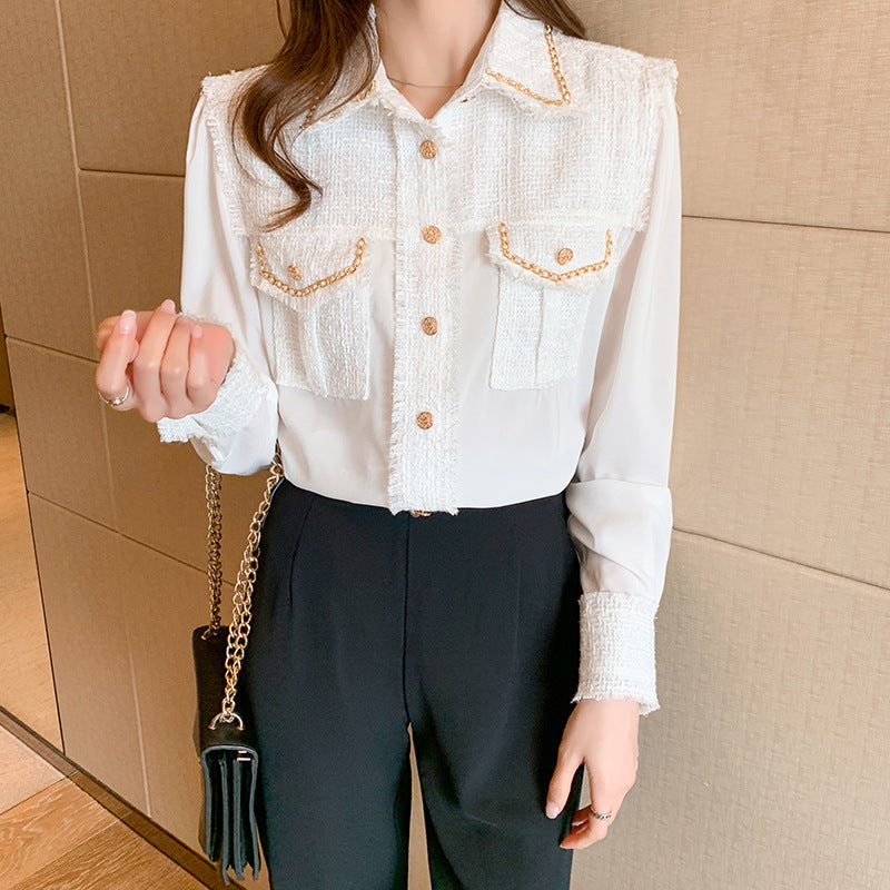 2024 autumn new design sense niche foreign style long sleeve heavy silk shirt women's small fragrant top