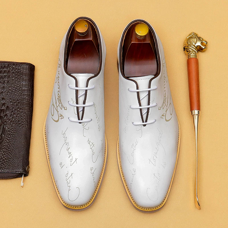 Men's White Genuine Leather Oxford Shoes, Business, Formal