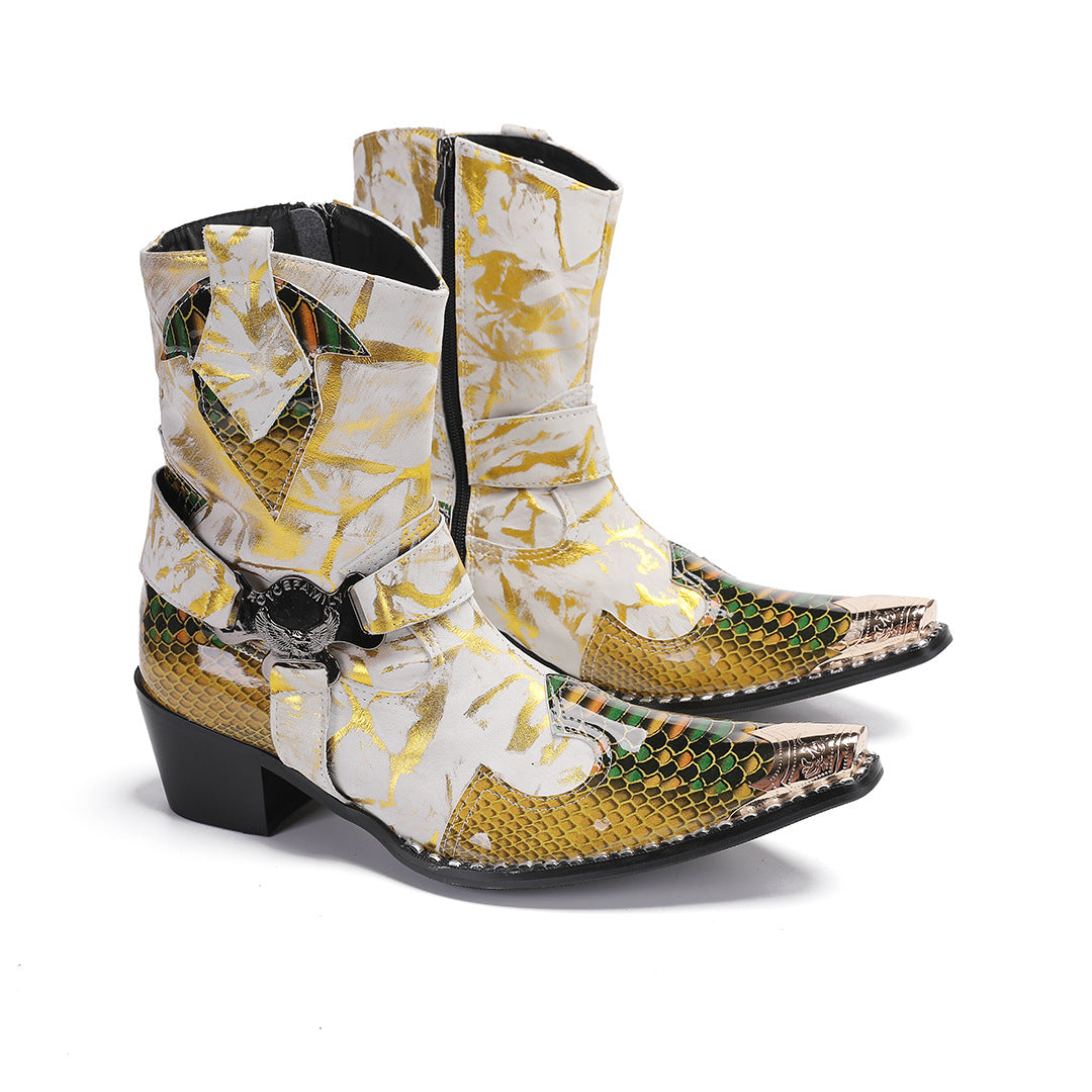 New Chelsea European and American high street catwalk personality Martin classic mid-tube cowboy trendy men buckle high-heeled cowhide boots