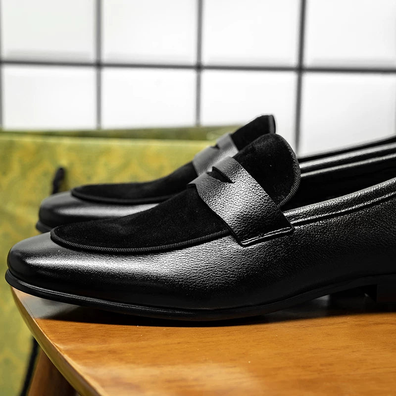 Men's Black Genuine Leather Loafers, Breathable, Slip-On