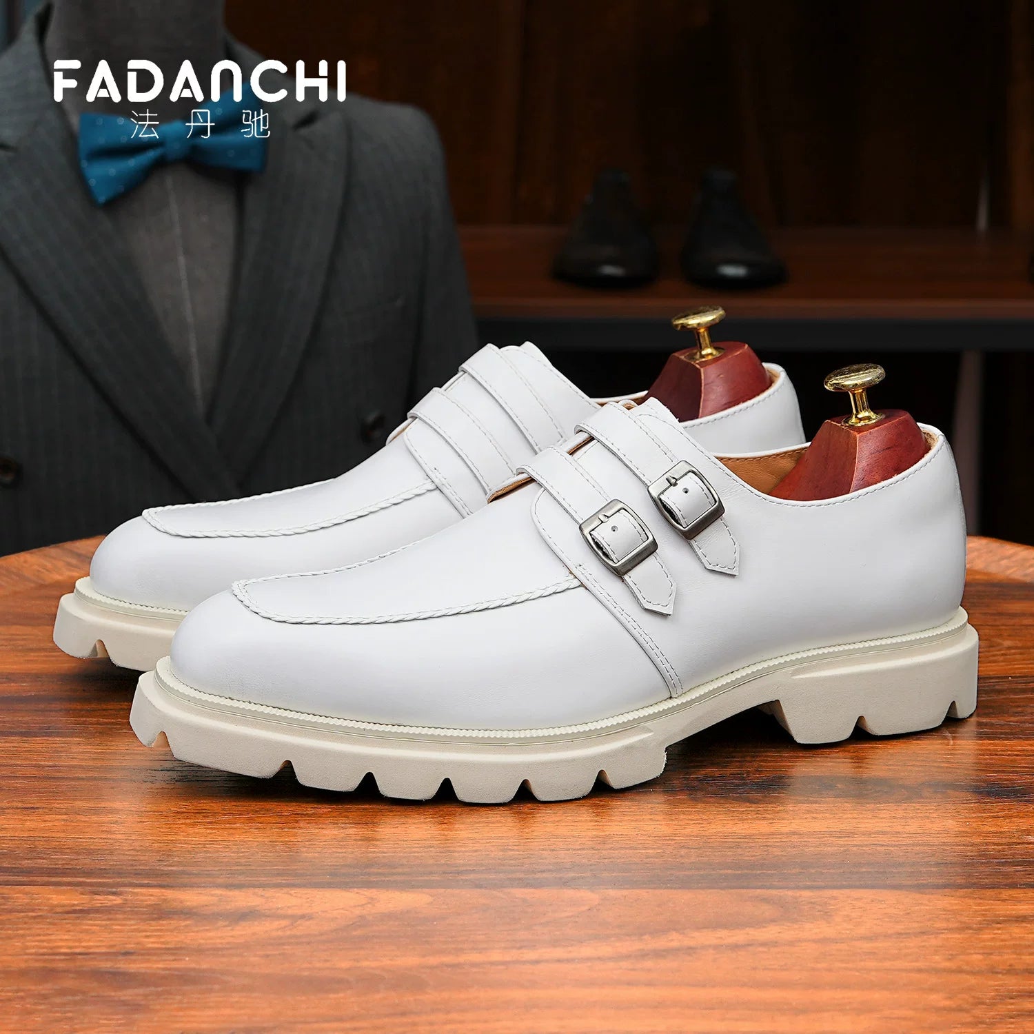 Men's White Genuine Leather Leather Shoes, Height Increasing, Thick Sole