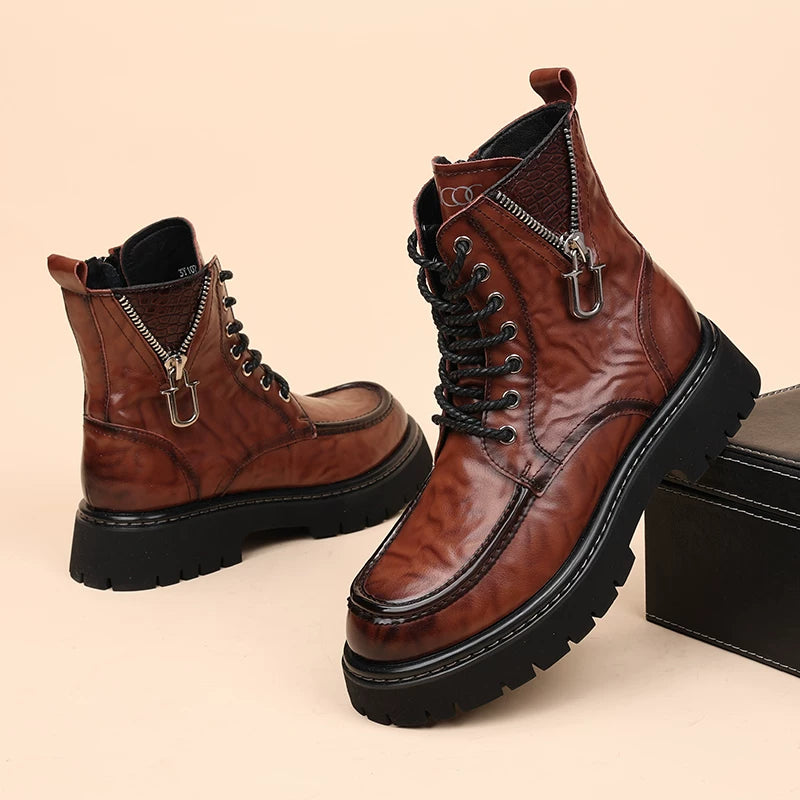 Men's Genuine Leather Martin Boots, Height Increasing, Soft Sole