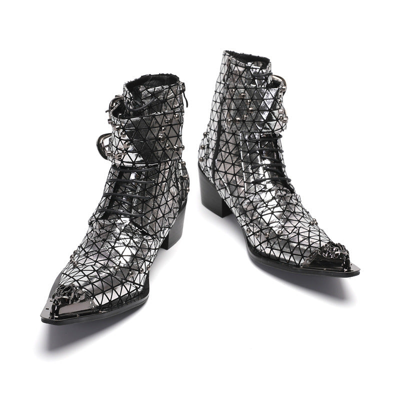 Cowhide Martin boots men's mid-calf boots British style retro Chelsea boots men's silver high-top leather boots