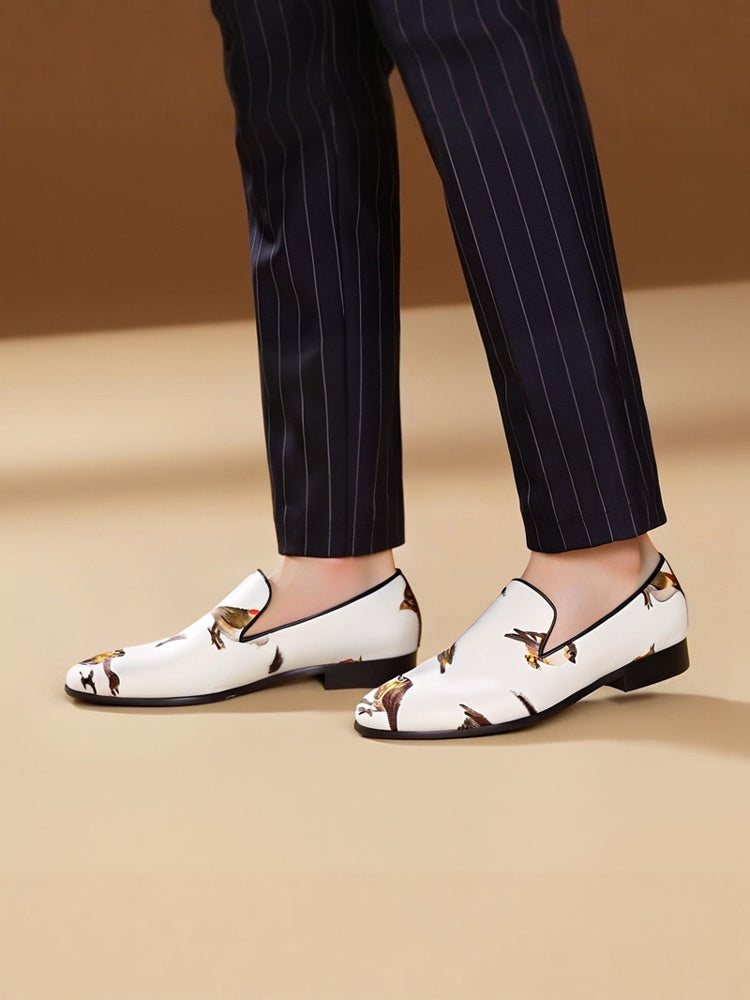 European and American big-name style white bird print silk handmade loafers men's trendy party banquet slip-on trendy shoes