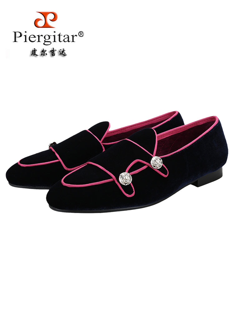 Imported two-color velvet men's Monk shoes European and American style wedding party metal buttons trendy slip-on loafers