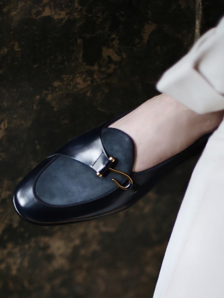 Italian design genuine leather metal buckle men's slip-on loafers British classic calfskin color-brushed smoking shoes