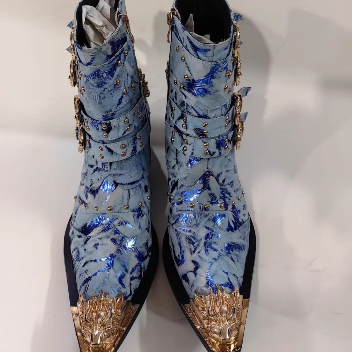 2024 new European and American autumn and winter side zipper solid color men's gold metal square heel winter trend pointed Martin boots large size