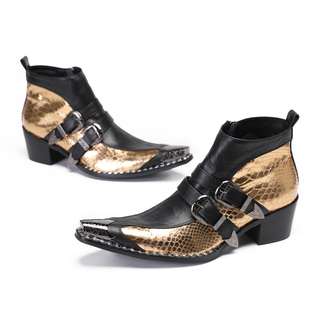 2024 autumn and winter fashion men's shoes fish scales gold glossy pointed leather shoes Korean version hair stylist nightclub performance shoes