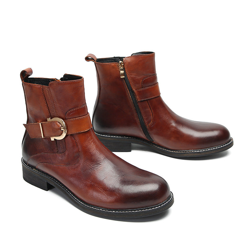 Brown Korean style British fashion men's casual high-top leather shoes business retro pointed leather boots Martin boots sleeve short boots