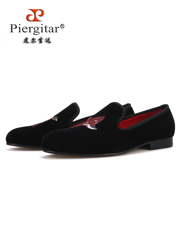 Imported velvet handmade men's shoes bird embroidery men's loafers banquet large size shoes trendy low-top shoes