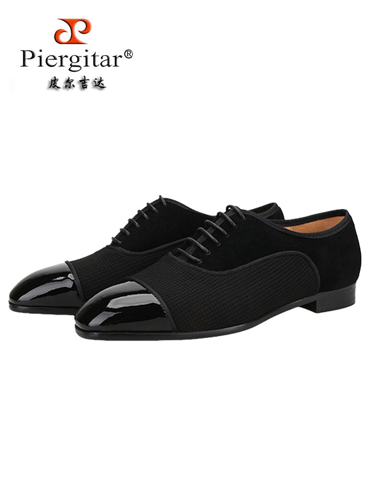 Spring new velvet stitching waffle patent leather toe men's casual Oxford shoes European and American wedding lace-up formal shoes