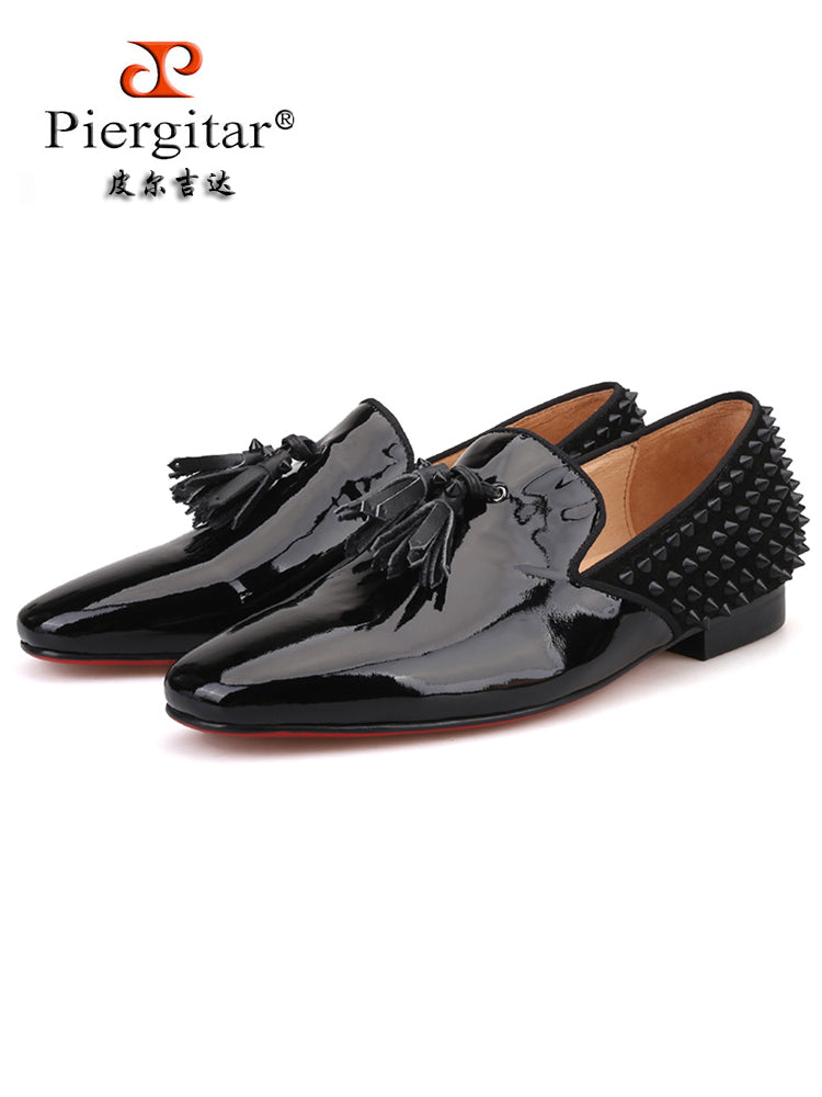 European and American style handmade patent leather yuppie shoes men's red sole shoes with tassels and rivets matching loafers
