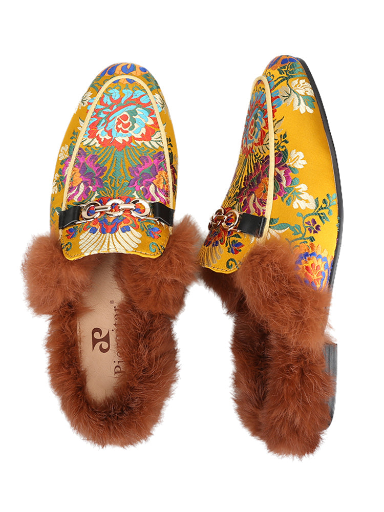 Piergitar imported silk horsebit men's slippers European and American style genuine leather lining rabbit hair Mule slippers for men