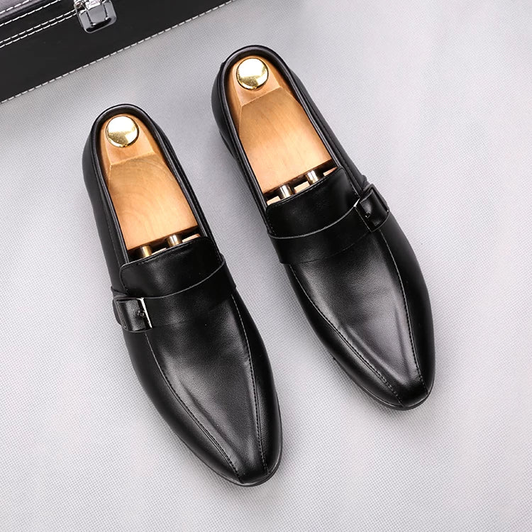 Men's White Leather Shoes, Height Increasing, Pointed Toe